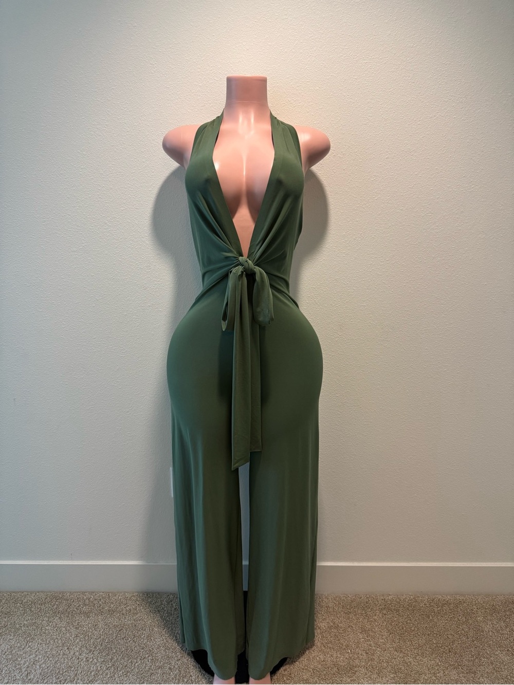 Olive Green Halter Tie-Front Jumpsuit Dress